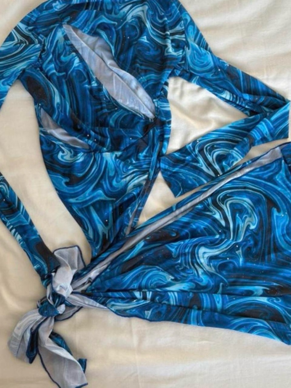 Blue Swirl Long-Sleeve Bodysuit with Sarong